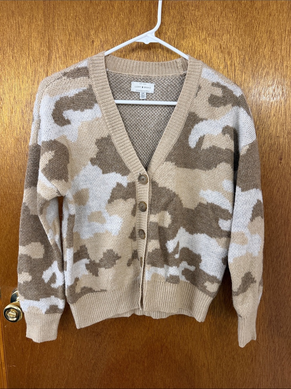Lucky Brand Tan & Beige Camo V-Neck Cardigan